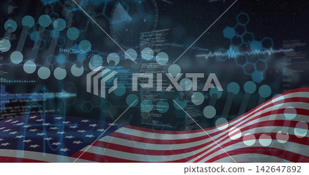 Waving United States flag dominating lower frame, blending with DNA helix, code, ECG traces Waving United States flag dominating lower frame, blending with DNA helix, code, ECG traces 142647892