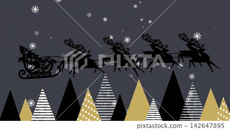 Soaring sleigh carrying Santa wearing long coat, pointed hat at night, reins held by five reindeer Soaring sleigh carrying Santa wearing long coat, pointed hat at night, reins held by five reindeer 142647895