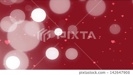 Floating large bokeh orbs creating glow halos on red gradient backdrop, scattering heart particles Floating large bokeh orbs creating glow halos on red gradient backdrop, scattering heart particles 142647908