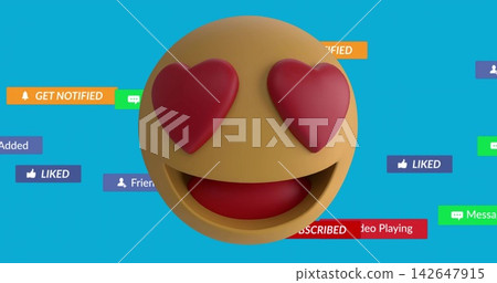 Smiling large 3D heart-eyes emoji floating over cyan-blue background, showing notification badges Smiling large 3D heart-eyes emoji floating over cyan-blue background, showing notification badges 142647915