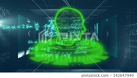 Glowing neon green hologram head hovering above circular platform in lab, with floating equations Glowing neon green hologram head hovering above circular platform in lab, with floating equations 142647940
