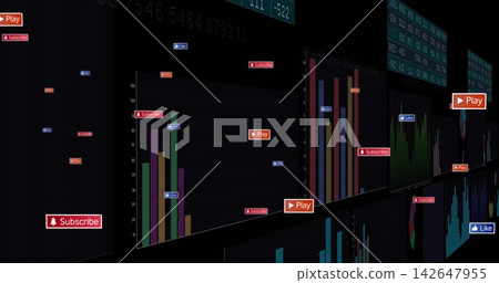 Showing centered panels with bar charts at virtual data dashboard, Play Subscribe Like badges Showing centered panels with bar charts at virtual data dashboard, Play Subscribe Like badges 142647955