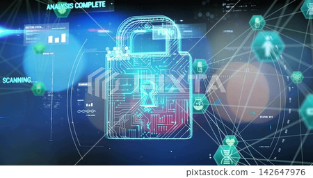 Displaying neon cyan padlock pulsing on cyber dashboard, with HUD panels and scanning arcs Displaying neon cyan padlock pulsing on cyber dashboard, with HUD panels and scanning arcs 142647976