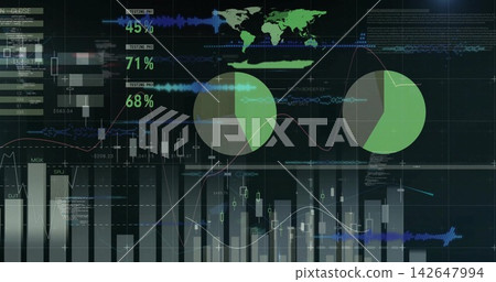 Displaying financial dashboard filling screen on dark grid, with world map, pie charts, 45% 71% 68% Displaying financial dashboard filling screen on dark grid, with world map, pie charts, 45% 71% 68% 142647994