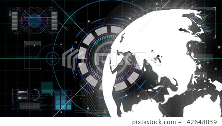 White globe rotating right while receiving technology data feed, HUD rings animating charts White globe rotating right while receiving technology data feed, HUD rings animating charts 142648039