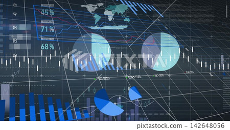 Showing dashboard centered on screen, with two large circular charts, candlesticks, percent labels Showing dashboard centered on screen, with two large circular charts, candlesticks, percent labels 142648056