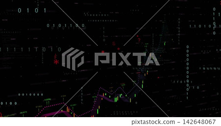 Displaying finance dashboard chart with candles, neon line, purple ribbon, labels, binary digits Displaying finance dashboard chart with candles, neon line, purple ribbon, labels, binary digits 142648067