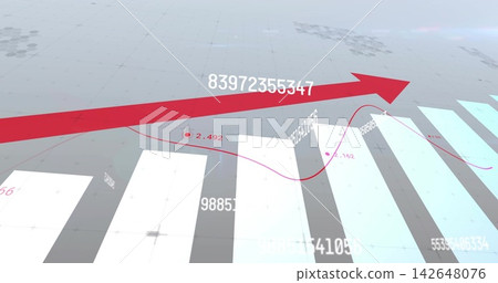 Displaying 3D chart rising across gray grid plane, with thick red arrow, red line, white bars Displaying 3D chart rising across gray grid plane, with thick red arrow, red line, white bars 142648076