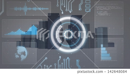 Displaying central circular HUD rotating over dark urban skyline at night, presenting charts, globe Displaying central circular HUD rotating over dark urban skyline at night, presenting charts, globe 142648084