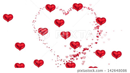 Heart cluster assembling at launch, glossy balloons and confetti forming heart for marketing 142648086