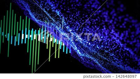 Glowing abstract equalizer bars pulsing across digital studio, with blue purple particle cloud Glowing abstract equalizer bars pulsing across digital studio, with blue purple particle cloud 142648097