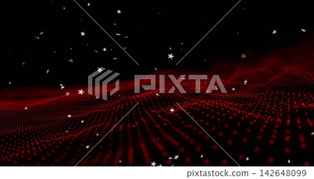 Rippling glowing red dotted grid receding toward dark horizon, scattering white star particles Rippling glowing red dotted grid receding toward dark horizon, scattering white star particles 142648099