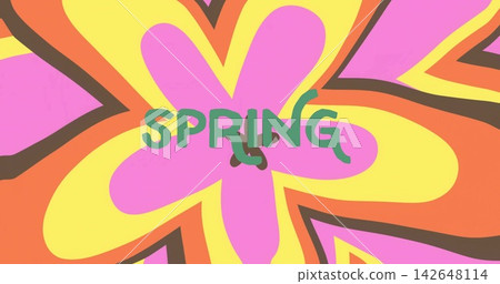 Showing center graphic flower filling frame on poster with retro pink yellow petals and SPRING text 142648114