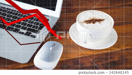 Resting white cup on saucer, wood table, laptop, mouse, grid, red-declining-graph, foam, copy space Resting white cup on saucer, wood table, laptop, mouse, grid, red-declining-graph, foam, copy space 142648145