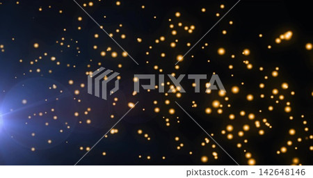 Glowing cluster of warm golden bokeh orbs drifting in black void, with bluish lens flare Glowing cluster of warm golden bokeh orbs drifting in black void, with bluish lens flare 142648146