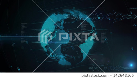 Displaying teal-cyan dotted globe rotating in dark digital dashboard, with cloud and padlock icons Displaying teal-cyan dotted globe rotating in dark digital dashboard, with cloud and padlock icons 142648166