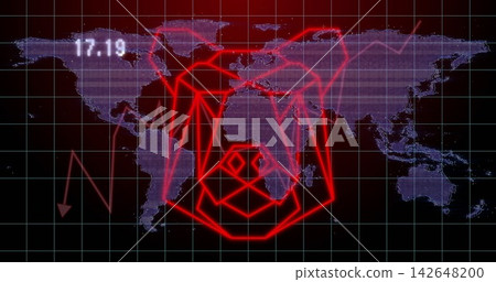 Displaying neon-red emblem over world map on monitor with grid, glowing arcs, nodes, zigzag 17 Displaying neon-red emblem over world map on monitor with grid, glowing arcs, nodes, zigzag 17 142648200