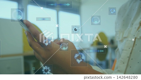 Tapping adult hands on smartphone in office, wearing white dotted button-up shirt with AR overlays Tapping adult hands on smartphone in office, wearing white dotted button-up shirt with AR overlays 142648280