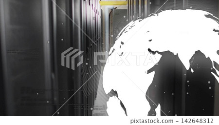 Displaying white globe overlay occupying right side of server aisle with racks, LEDs, yellow cable Displaying white globe overlay occupying right side of server aisle with racks, LEDs, yellow cable 142648312