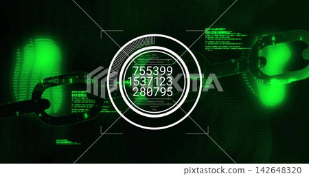 Displaying central HUD showing three numeric readouts in cyber interface, with chain links and code Displaying central HUD showing three numeric readouts in cyber interface, with chain links and code 142648320