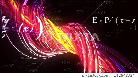 Twisting glossy colorful ribbon snaking across dark void, with math formulas, glints, chem diagrams Twisting glossy colorful ribbon snaking across dark void, with math formulas, glints, chem diagrams 142648324