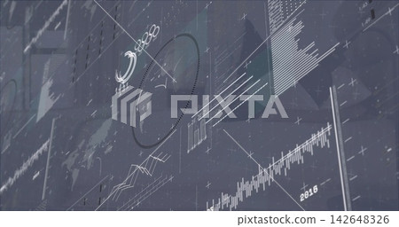 Displaying dashboard on control-room console, showing dotted map highlight, line and bar charts Displaying dashboard on control-room console, showing dotted map highlight, line and bar charts 142648326