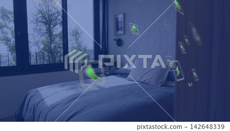 Displaying double bed with gray duvet and pillows in bedroom, showing translucent green AR icons Displaying double bed with gray duvet and pillows in bedroom, showing translucent green AR icons 142648339