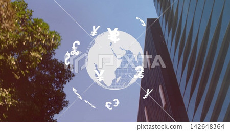 Floating white wireframe globe orbiting currency signs amid green canopy and glass tower, clear sky Floating white wireframe globe orbiting currency signs amid green canopy and glass tower, clear sky 142648364