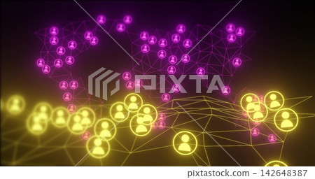 Showing yellow glowing avatar cluster forming world network on dark screen with magenta mesh nodes Showing yellow glowing avatar cluster forming world network on dark screen with magenta mesh nodes 142648387