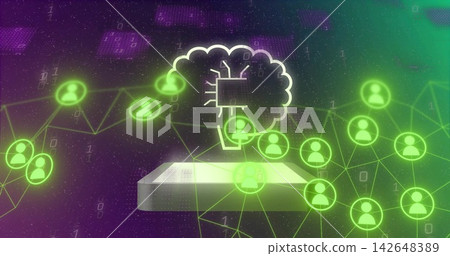Hovering brain cloud displaying microchip above rectangular platform in data space with neon nodes Hovering brain cloud displaying microchip above rectangular platform in data space with neon nodes 142648389