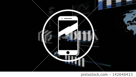 Featuring white phone icon floating on tech UI, showing circle, diagonal stripe, charts and code Featuring white phone icon floating on tech UI, showing circle, diagonal stripe, charts and code 142648413