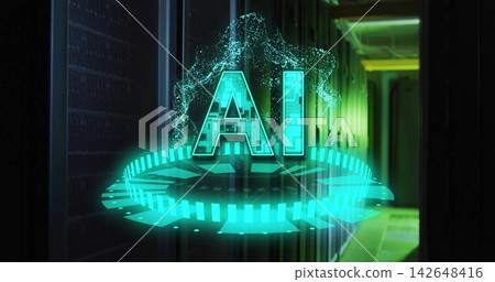 Glowing hologram AI letters hovering above segmented platform in data center aisle, casting light 142648416