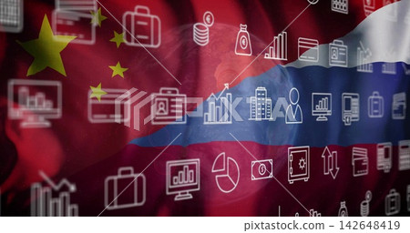 Blending flag showing Chinese stars and Russian stripes waving in digital art with white icons Blending flag showing Chinese stars and Russian stripes waving in digital art with white icons 142648419