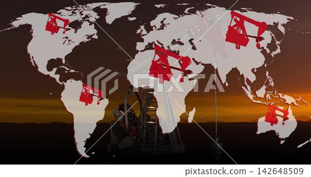 Displaying pumpjack silhouette at dusk, overlaying transparent world map with red pumpjack icons Displaying pumpjack silhouette at dusk, overlaying transparent world map with red pumpjack icons 142648509