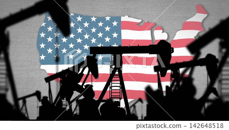 Showing oil pumpjack cluster with vertical ladder casting silhouettes against U Showing oil pumpjack cluster with vertical ladder casting silhouettes against U 142648518