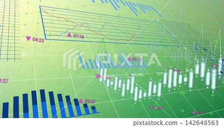 Showing canvas with overlaid market charts on green grid, white candles, blue bars, magenta markers Showing canvas with overlaid market charts on green grid, white candles, blue bars, magenta markers 142648563