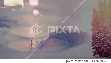 Merging mountain peak with candle flames, wax pools, circular bokeh at alpine dusk, misty conifers Merging mountain peak with candle flames, wax pools, circular bokeh at alpine dusk, misty conifers 142648620