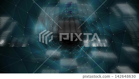 Drawing central dark core pulling triangular mesh and floating data panels inward in virtual space Drawing central dark core pulling triangular mesh and floating data panels inward in virtual space 142648630
