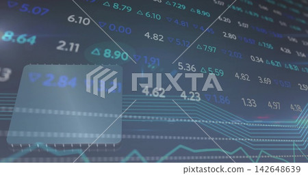Showing clear chip with pins glowing left on market GUI, with tickers, circuit traces, copy space Showing clear chip with pins glowing left on market GUI, with tickers, circuit traces, copy space 142648639