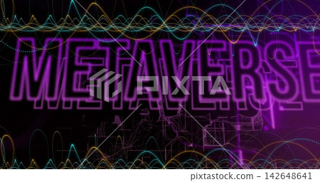 Glowing METAVERSE word filling futuristic interface, showing waveforms, circuit art, purple beam Glowing METAVERSE word filling futuristic interface, showing waveforms, circuit art, purple beam 142648641