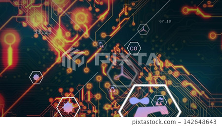Glowing circuit network pulsing across digital visualization with glowing nodes, hexagonal frames 142648643