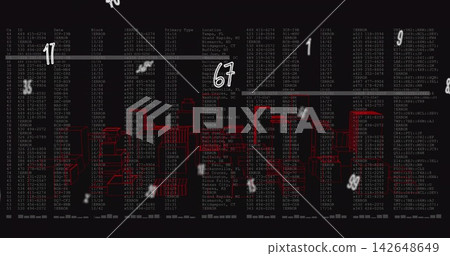 Red wireframe skyline rising over analytics console as live data updating columns for metrics Red wireframe skyline rising over analytics console as live data updating columns for metrics 142648649