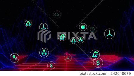 Floating center cluster of eco energy icons hovering above red neon grid, showing wireframe ridges Floating center cluster of eco energy icons hovering above red neon grid, showing wireframe ridges 142648679