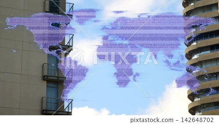 Showing purple world map glitching across sky between towers, with beige building and curved tower Showing purple world map glitching across sky between towers, with beige building and curved tower 142648702