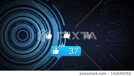 Floating bright blue notification bubble hovering in virtual HUD rings, showing thumbs-up icons Floating bright blue notification bubble hovering in virtual HUD rings, showing thumbs-up icons 142648768