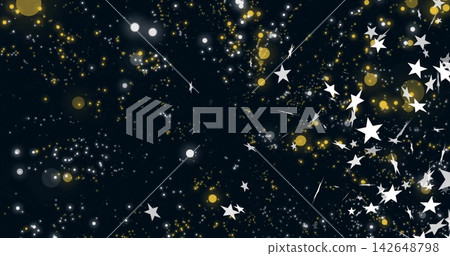 Sparkling white 5-point star confetti and streaks occupying right edge, golden bokeh, copy space Sparkling white 5-point star confetti and streaks occupying right edge, golden bokeh, copy space 142648798