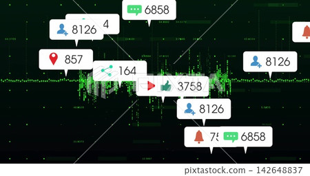 Displaying green waveform and floating alerts in digital dashboard, showing user and play icons Displaying green waveform and floating alerts in digital dashboard, showing user and play icons 142648837