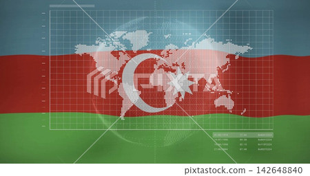 Showing Azerbaijan tricolor flag in graphic layout, featuring crescent, star, map overlay and grid Showing Azerbaijan tricolor flag in graphic layout, featuring crescent, star, map overlay and grid 142648840