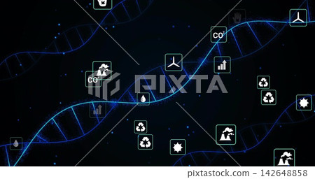 Displaying glowing blue helix strands winding across digital backdrop, with recycling and CO2 icons 142648858