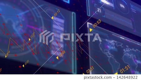 Displaying hologram graph with red node network in dark ops room showing yellow timestamp markers Displaying hologram graph with red node network in dark ops room showing yellow timestamp markers 142648922